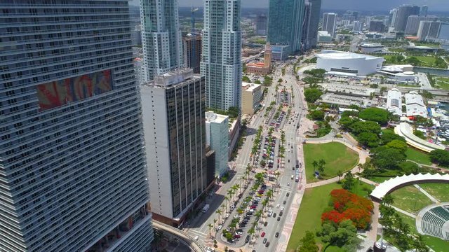 Aerial video highrise buildings on Biscayne Boulevard Miami