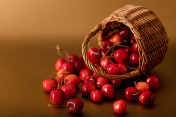 Cherries in a basket on a gold background.