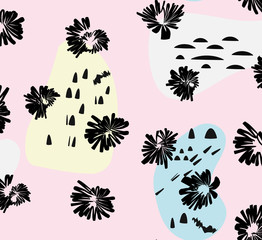 Artistic vector background in trendy 80s 90s style. Messy pattern with ink flowers and hand drawn style elements