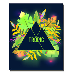 Tropic flyer design template. Tropical leaves with neon glowing. Advertisement, background. Night club, disco, party banner