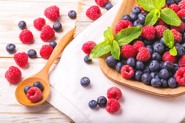 Raspberry, blackberry and blueberry. Healthy food. Top view