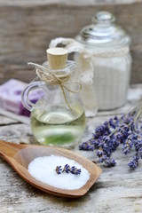 Natural Ingredients for Homemade Body Lavender Salt Scrub Soap Oil Beauty Concept