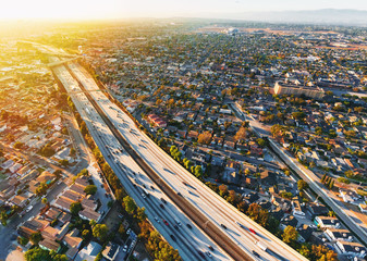 Aerial view of traffic on a highway in Los Angeles, CA