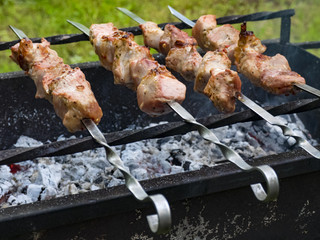 The meat on the skewers