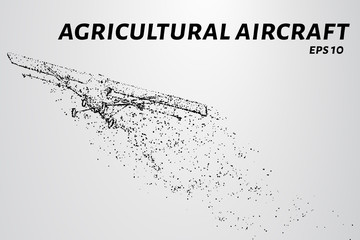Fototapeta na wymiar The plane of the particles. Agricultural aircraft takes off. The plane disintegrates to smaller molecules. Vector illustration