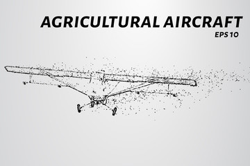 The plane of the particles. Agricultural aircraft takes off. The plane disintegrates to smaller molecules. Vector illustration