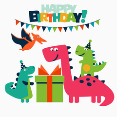 Happy birthday - lovely vector card with funny dinosaurs. Ideal for cards, invitations, party, banners, kindergarten, preschool and children room decoration