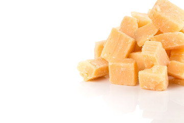 Parmesan cheese on white background
