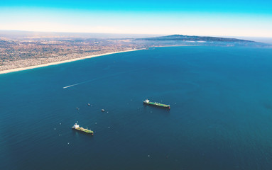 Aerial view of ships of the coast of Los Angeles, CA