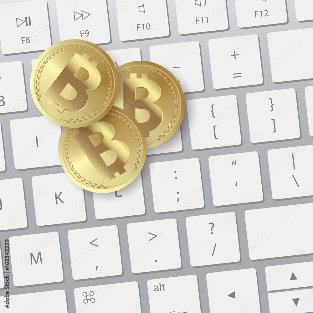 Poster golden bitcoin on keyboard. digital bitcoin golden coin with bitcoin symbol in electronic environmen