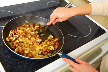 Fried mushrooms in a frying pan