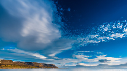 Wallpaper norway landscape nature of the mountains of Spitsbergen Longyearbyen Svalbard building city on a polar day with arctic summer in the sunset and blue sky with clouds