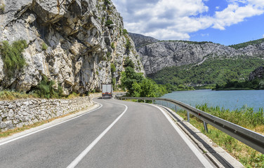Fototapeta premium truck on the mountain highway.