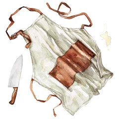 Poster Apron and knife. Watercolor Illustration. © nataliahubbert