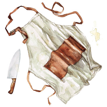 Apron and knife. Watercolor Illustration.