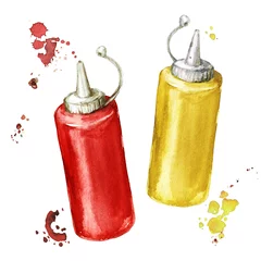 Fotobehang Ketchup en mosterd. Aquarel illustratie. © nataliahubbert