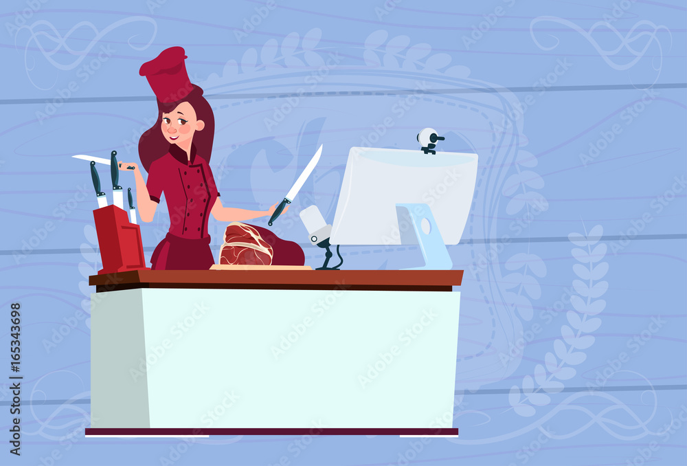Poster female chef cooking in front of web camera on computer making culinary video blog flat vector illust