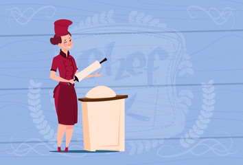 Female Chef Cook Working With Dough Cartoon Chief In Restaurant Uniform Over Wooden Textured Background Flat Vector Illustration