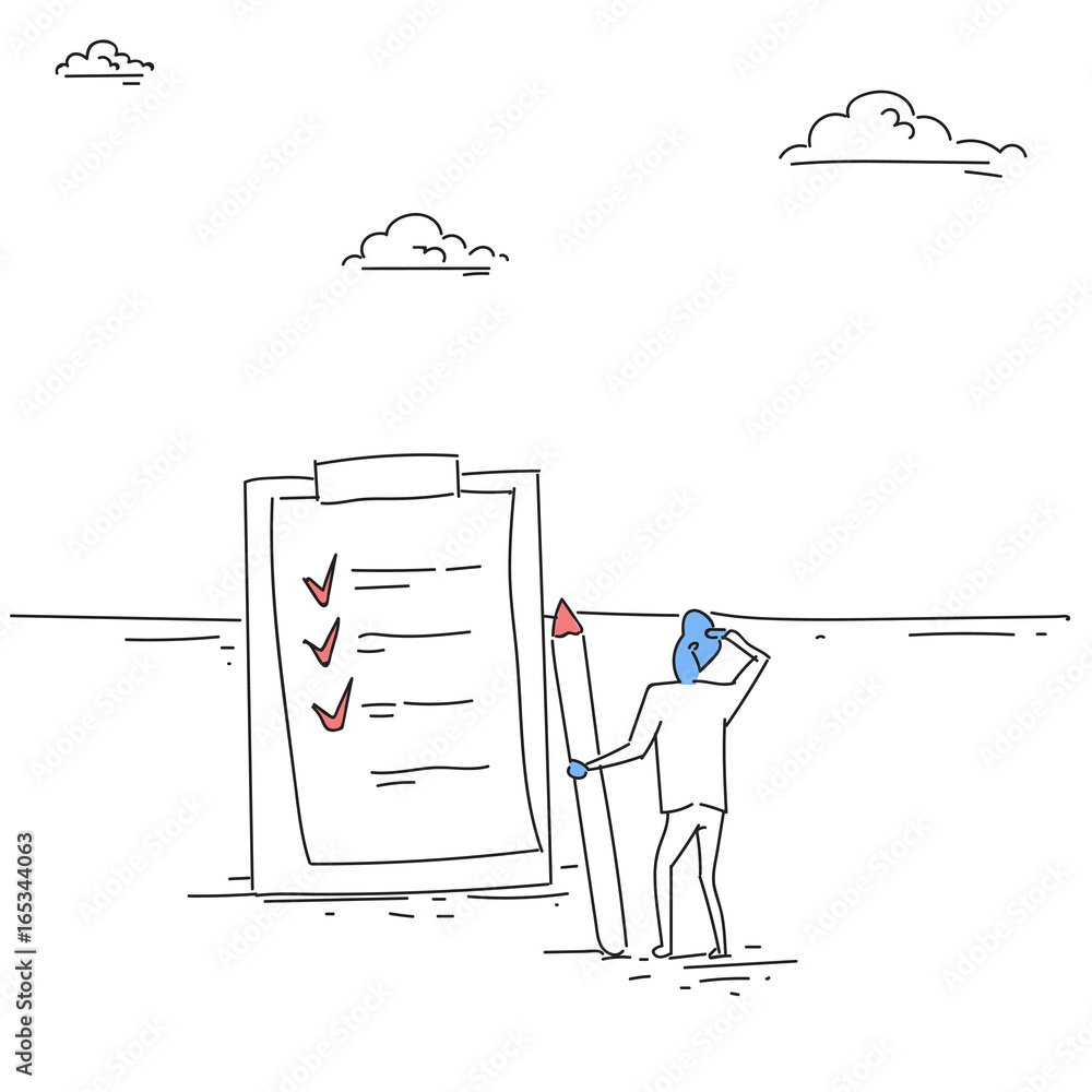 Poster confused business man standing back looking at check list think problem solution doodle vector illus