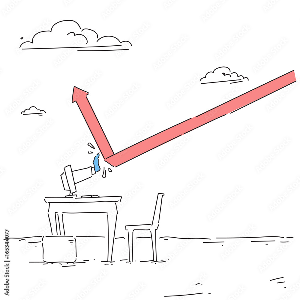 Poster business hand building finance graph with arrow up from computer analysis financial progress success