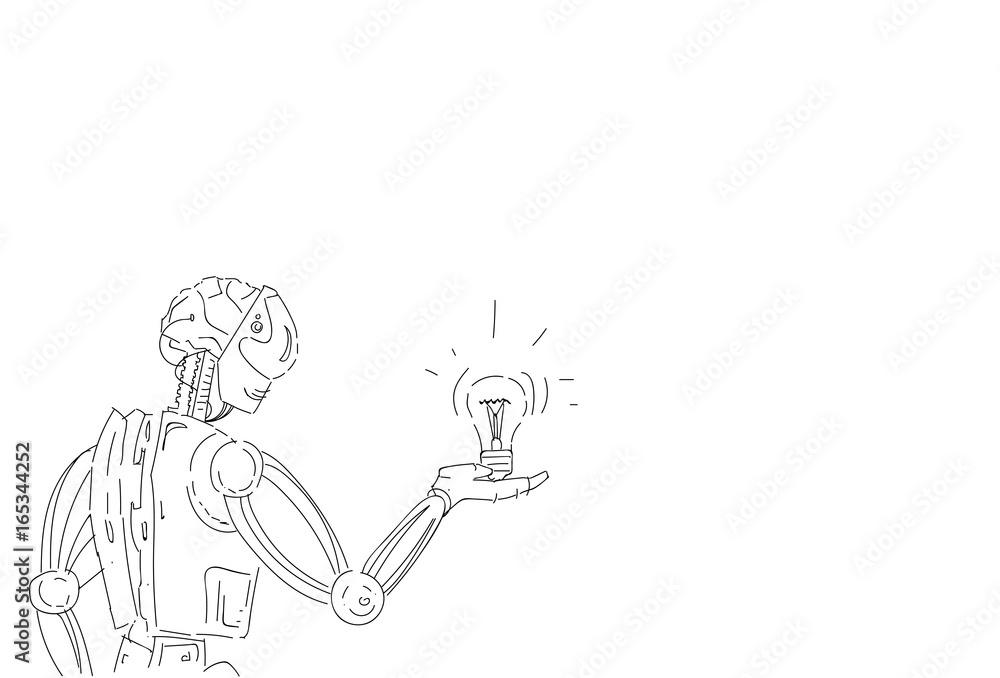 Poster modern robot hold light bulb artificial intelligence technology sketch vector illustration