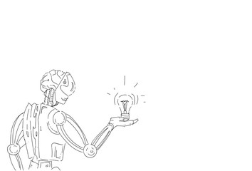 Modern Robot Hold Light Bulb Artificial Intelligence Technology Sketch Vector Illustration
