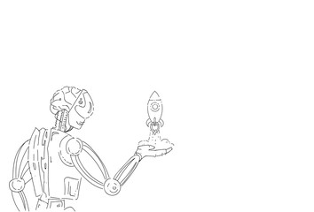 Modern Robot Hold Space Rocket Artificial Intelligence Technology Sketch Vector Illustration