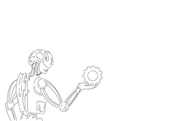 Modern Robot Hold Cog Wheel Artificial Intelligence Technology Skecth Vector Illustration