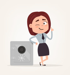 Happy smiling rich business woman character stand near safety safe deposit box and show ok hand sign. Vector flat cartoon illustration