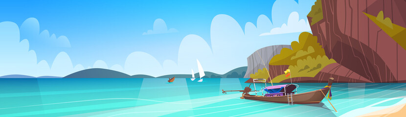 Thailand Landscape Long Tail Boat Seascape Beautiful Asian Beach Seaside View Flat Vector Illustration