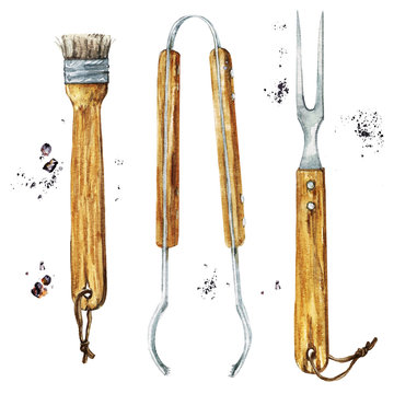 BBQ tools and utensils. Watercolor Illustration.