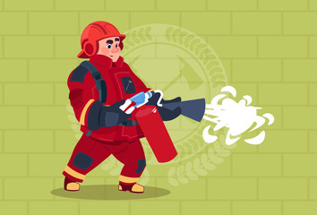 Fireman Hold Extinguisher Wearing Uniform And Helmet Adult Fire Fighter Stand Over Brick Background Flat Vector Illustration