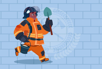 African American Fireman Running With Shovel And Bucket Uniform And Helmet Adult Fire Fighter Over Brick Background Flat Vector Illustration