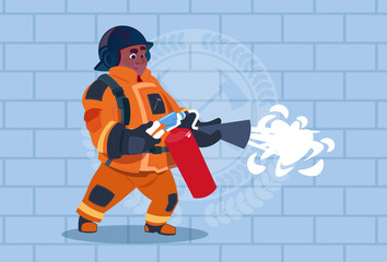 African American Fireman Hold Extinguisher Wearing Uniform And Helmet Adult Fire Fighter Stand Over Brick Background Flat Vector Illustration