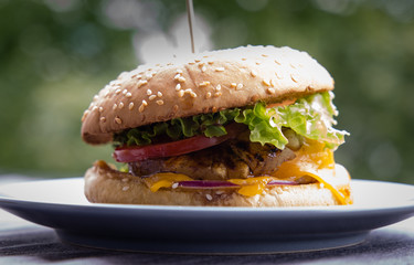 A burger with tomato, lettuce salad leaves, ananas and cheese on a plate outside
