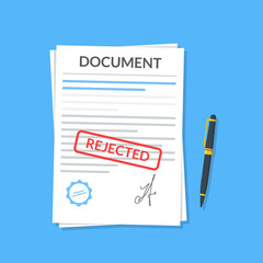 Rejected document with stamp and pen. Modern flat design graphic elements. Rejected application concepts. Vector illustration in flat style isolated on color background. Top view.