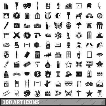 100 art icons set, simple style 