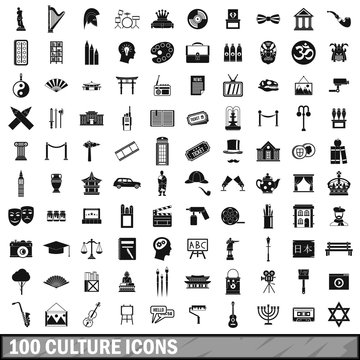 100 culture icons set, simple style 
