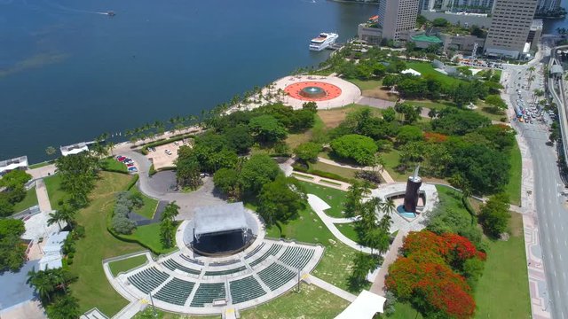 Slow drone aerial video Bayfront Park Miami 4k