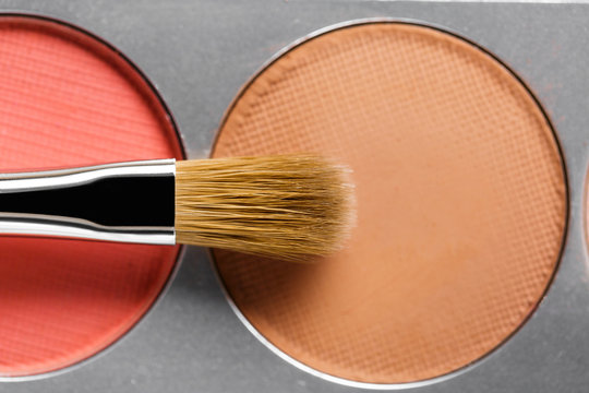  Palette of brown and terracotta eye shadow and makeup brush, top view