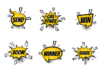 Lettering Girl power, winner, boom, share. Set comics book balloon. Bubble icon speech phrase. Cartoon exclusive font label tag expression. Comic text sound effects. Sounds vector illustration.