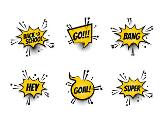 Lettering back school, go, goal, football, super, hey. Set comics book balloon. Bubble speech phrase. Cartoon exclusive font label tag expression. Comic text sound effects. Sounds vector illustration.