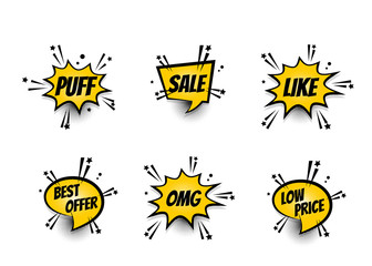 Lettering omg, sale, like, best offer, price. Set comics book balloon. Bubble icon speech phrase. Cartoon exclusive font label tag expression. Comic text sound effects. Sounds vector illustration.