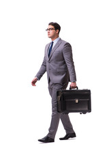 Young man during business travel isolated on white