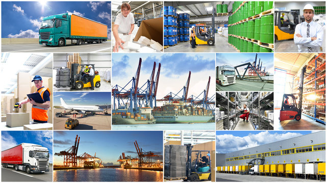 Logistik und Transport von Waren - collage mit verschiedenen Motiven: Personal, Fahrzeuge,Terminal, Gabelstapler, containerschiff, LKW
