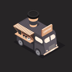 Vector isometric food trucks.