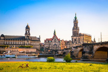 Fototapeta na wymiar Summer view of the Old Town architecture with Elbe river in Dresden, Saxony, Germany