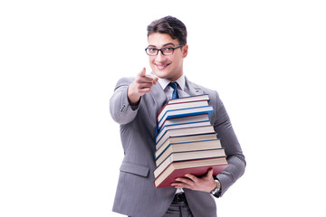 Businessman student carrying holding pile of books isolated on w