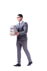 Businessman student carrying holding pile of books isolated on w