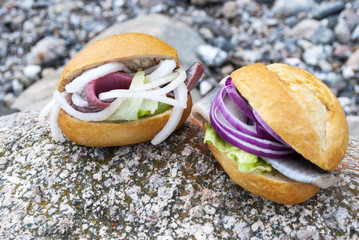 Belegtes Brötchen mit Matjes auf Felsen am Ostseestrand
